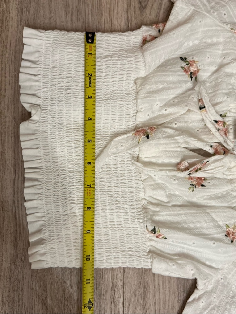 White Floral Smocked Puff Sleeve Crop Top Boho Cottagecore large - Picture 6 of 6